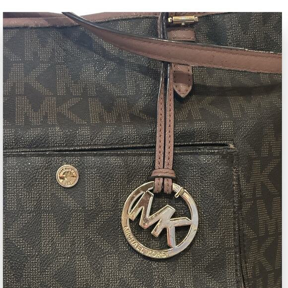 MICHAEL KORS Brown Monogram Jet Set Pocket Tote w/ Pink Leather Straps - Picture 5 of 8